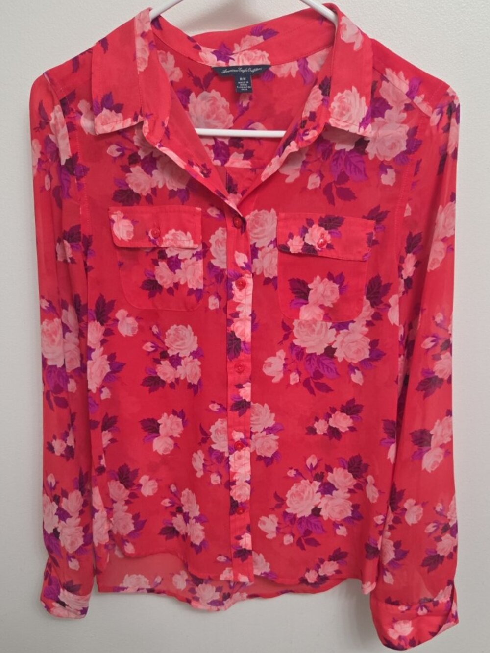 American Eagle Sheer Coral Pink Floral Button Down Blouse - M